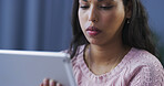 Tablet, night and woman in home online for social media, website and internet in bedroom. Dark, relax and person on digital tech for search, reading news and contact for entertainment in living room