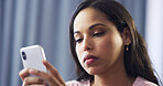 Home, woman and sad with mobile for chat, breakup message and communication with online contact. House, female person and upset with phone for app, cyberbullying and trolling comment on social media