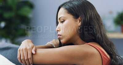 Buy stock photo Home, thinking and woman with depression on sofa, sad and decision with mental health. Person, apartment or girl on couch, wonder and overwhelmed with break, anxiety and stress with breakup and grief