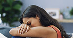 Relax, sleep and woman on sofa in home with tiredness in afternoon in living room for calm. Peaceful, rest and female person with nap for fatigue, exhaustion or comfort in lounge in apartment.