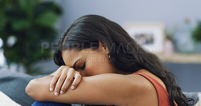 Buy stock photo Sofa, exhausted and woman with depression in home for mental health, anxiety or loneliness in living room. Sad, low energy and female person with guilt and fatigue for breakup in lounge at apartment.