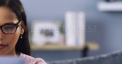 Buy stock photo Home, woman and glasses with laptop for freelancer, article research and information for editing. Space, remote work and female content writer with spectacles for proofreading, news story and review