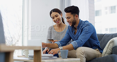 Buy stock photo Bonding, smile and couple with laptop, online shopping and credit card for virtual purchase or browsing. Home, happy and choice for digital products on website, ecommerce and people with tech to pay