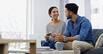 Home, online shopping and couple with debit card, laptop and happy for digital purchase or bonding. Payment, man and woman with credit for ecommerce, living room or tech for virtual products in house