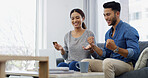 Happy couple, laptop and payment with credit card for online shopping, purchase or banking at home. Man, woman or lovers with smile or debit on computer for remote transaction or ecommerce at house