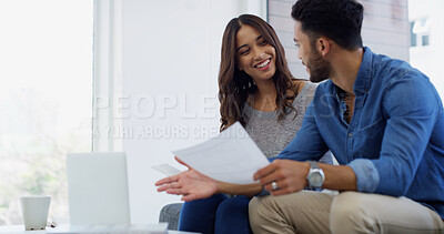Buy stock photo Laptop, discussion or couple with paperwork, planning or loan budget for salary for household bills. Financial, economy news or people with smile for investment, credit score report or savings audit