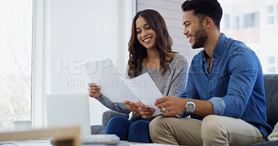 Buy stock photo Laptop, happy or couple with paperwork, salary or loan budget for planning household bills. Financial documents, smile and people with income for investment, credit score report and savings audit