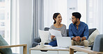 Talking, planning or couple with paperwork, salary or loan budget for household bills or mortgage. Financial documents, credit score and people with income for investment, report or savings audit
