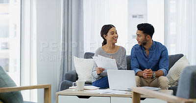 Buy stock photo Talking, planning or couple with paperwork, home or loan budget for household bills or mortgage. Financial document, credit score and people with salary income for investment, report or savings audit