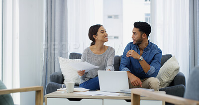 Buy stock photo Laptop, talking or couple with paperwork, salary or loan budget for planning household bills. Financial, economy news or people with profit income for investment, credit score report or savings audit