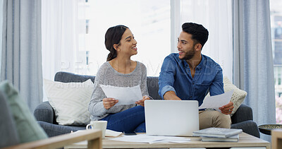 Buy stock photo Happy, planning and couple with paperwork, laptop or salary budget for household bills and mortgage. Financial documents, credit score and people with income for investment, report or savings audit