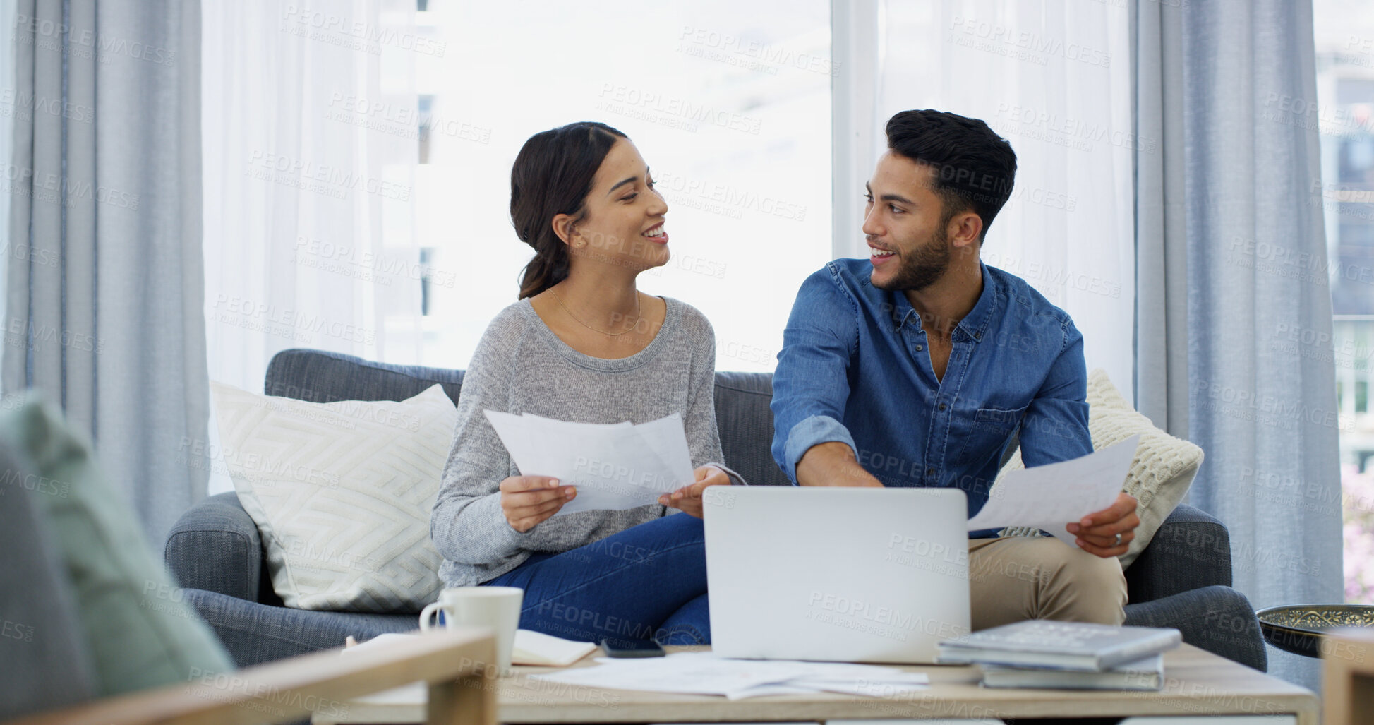 Buy stock photo Happy, planning and couple with paperwork, laptop or salary budget for household bills and mortgage. Financial documents, credit score and people with income for investment, report or savings audit