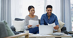 Smile, planning or couple with paperwork, laptop or salary budget for household bills or mortgage. Financial documents, credit score results or people with income for investment, report or savings