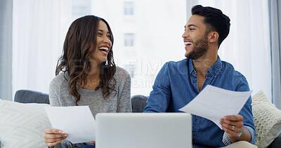 Buy stock photo Laughing, planning or couple with paperwork, laptop or salary budget for household bills or mortgage. Financial documents, funny joke or happy people with income for investment, report or savings