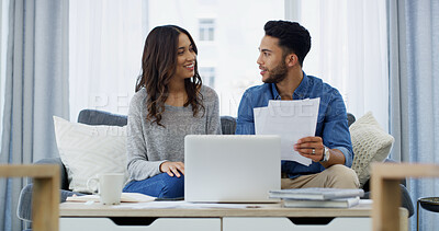 Buy stock photo Smile, planning or couple with documents, laptop or salary budget for household bills or mortgage. Financial admin, insurance paperwork or happy people with income for investment, report or savings