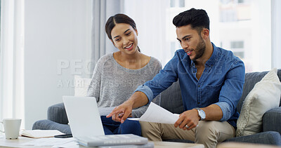Buy stock photo Credit score, laptop or happy couple with documents, salary budget or smile for household bills or mortgage. Financial, insurance paperwork or people with income for investment, report or savings