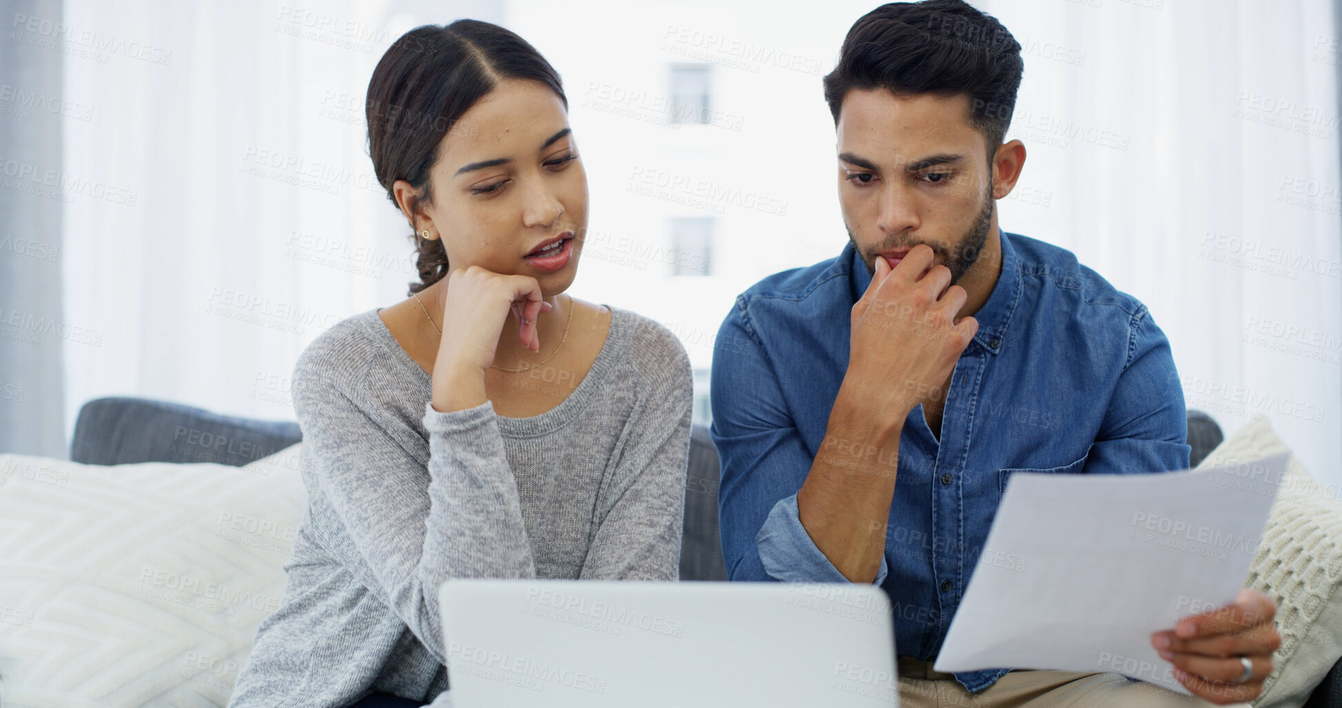 Buy stock photo Financial, thinking or couple with laptop, documents or household budget for mortgage payment. Finance, question or confused people worried by bills, doubt or debt with recession, taxes or inflation