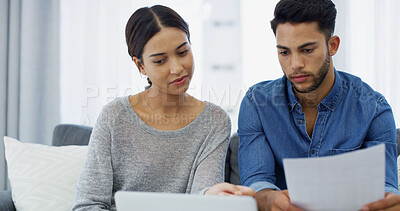 Buy stock photo Reading, loan or couple with finance documents, salary or budget for household bills or mortgage. Laptop, insurance paperwork or people with financial income for investment info, report and savings