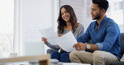 Buy stock photo Happy, loan or couple with finance documents, salary or budget for household bills or mortgage. Growth, insurance paperwork or people with financial income info for investment, report and savings