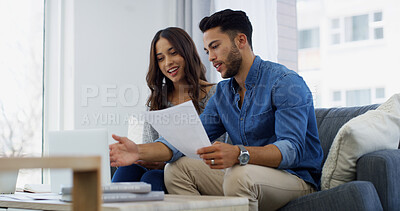 Buy stock photo Home, laptop or couple with financial contract, salary or budget for household bills or mortgage. Reading, insurance paperwork or people with income payment for investment info, report and savings
