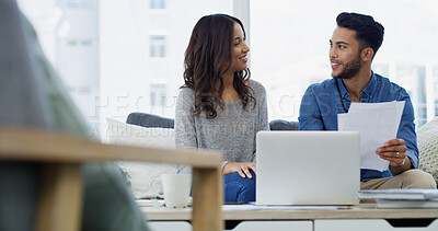Buy stock photo Home, laptop or couple with financial documents, salary or budget for household bills or mortgage. Finance, insurance paperwork or people with income for investment info, growth report and savings