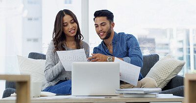 Buy stock photo Accounting, laptop or couple with financial documents, salary or budget for household bills or mortgage. Finance paperwork, planning or people with income for investment growth, report and savings