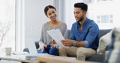 Buy stock photo Mortgage, happy or couple with financial documents, salary or budget for household bills or accounting. Finance paperwork, planning or people with income for investment growth, report and savings