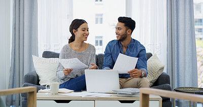 Buy stock photo Mortgage, smile or couple with financial documents, salary or budget for household bills or accounting. Finance paperwork, planning or people with income for investment growth, report and savings