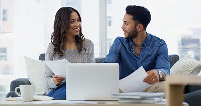 Buy stock photo Mortgage, salary or couple with smile, documents, financial budget for household bills or accounting. Finance paperwork, planning or happy people with income for investment growth, report and savings