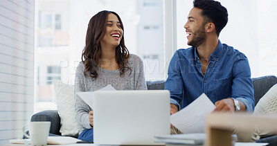 Buy stock photo Laughing, budget or happy couple with laptop, documents, salary for household bills, planning or profit. Finance paperwork, funny joke or people with smile for investment growth, report or savings