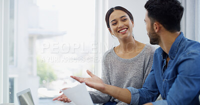 Buy stock photo Mortgage, planning or couple with smile, documents, financial budget for household bills or accounting. Finance paperwork, salary or people with income info for investment growth, report or savings