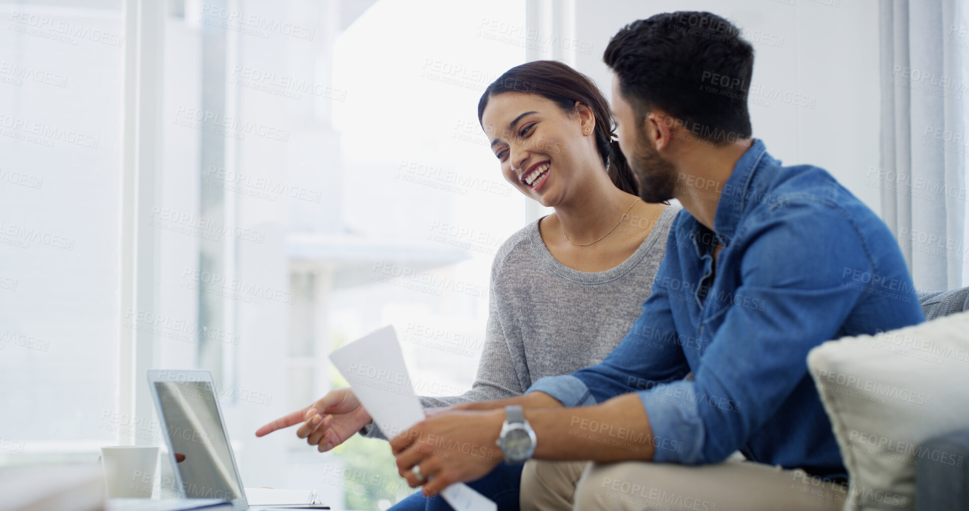 Buy stock photo Mortgage, planning or couple with laptop, paperwork, financial budget for household bills or accounting. Finance documents, salary or people with income info for investment growth, report or savings