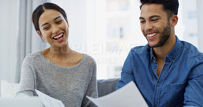 Buy stock photo Happy, planning or couple with budget, paperwork, financial growth for household bills or accounting. Finance documents, salary or people with income info for investment profit, report or savings