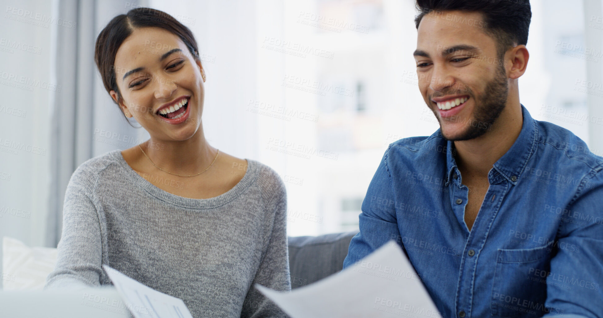 Buy stock photo Happy, planning or couple with budget, paperwork, financial growth for household bills or accounting. Finance documents, salary or people with income info for investment profit, report or savings
