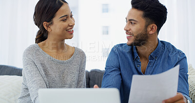 Buy stock photo Financial, talking or happy couple with documents, income or loan budget in home together. Planning, economy news or people with profit growth for investment, credit score report or savings audit