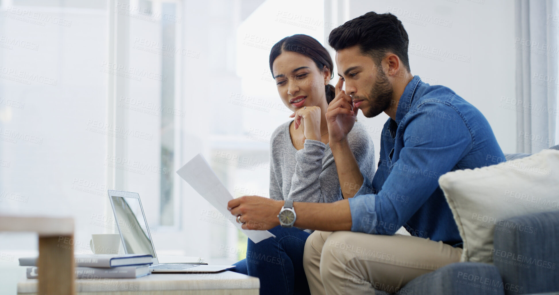 Buy stock photo Finance, thinking or couple with laptop, documents or household budget for mortgage payment. Financial question, loan or confused people with bills, doubt or debt with recession, taxes or inflation