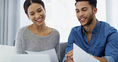Buy stock photo Happy, banking or couple with budget, documents, financial growth for household bills or loan application. Finance paperwork, salary or people with income for investment profit, report or savings 