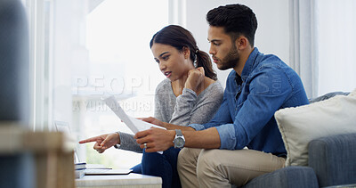 Buy stock photo Reading, banking or couple with laptop, documents, financial budget for bills or loan application. Finance paperwork, salary or people with household income for investment growth, report or savings 