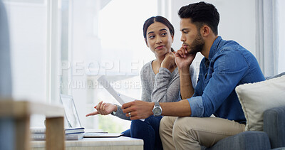 Buy stock photo Budget, thinking or couple with laptop, documents or household salary for mortgage payment. Financial question, loan or confused people with bills, doubt or debt with recession, taxes or inflation