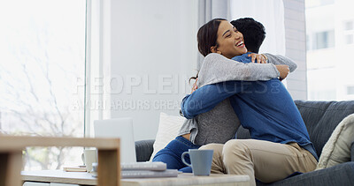Buy stock photo Love, hug and couple in home, laptop and chilling in living room with woman, embrace and coffee in morning. Happy, man and romance with partner in lounge, freelancer and excited for job opportunity