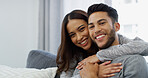 Smile, love and portrait of couple on sofa of home for bonding, support and care. Happiness, commitment and trust with man and woman in living room of apartment peace, relax and relationship romance