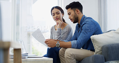 Buy stock photo Couple, documents or discussion with finance on sofa for mortgage expenses, bills or invoices at home. Man, woman or paperwork with missed payments for financial report, debt or credit review at house