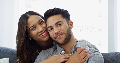 Buy stock photo Relax, hug and portrait of couple on sofa of home for bonding, support and care. Happiness, commitment and trust with man and woman in living room of apartment peace, smile and relationship romance