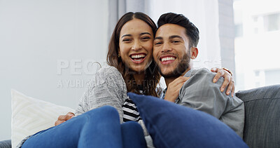 Buy stock photo Bonding, love and portrait of couple on sofa of home for relax, support and care. Happiness, commitment and trust with man and woman in living room of apartment peace, smile and relationship romance