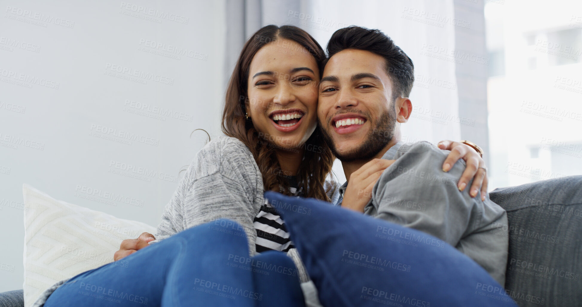 Buy stock photo Bonding, love and portrait of couple on sofa of home for relax, support and care. Happiness, commitment and trust with man and woman in living room of apartment peace, smile and relationship romance