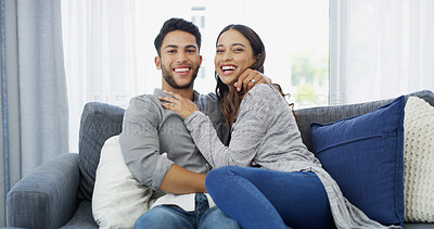 Buy stock photo Relax, laughing and portrait of couple on sofa of home for bonding, support and cuddle. Happiness, commitment and trust with man and woman in living room for hug, smile and relationship romance