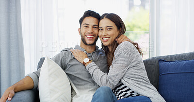 Buy stock photo Commitment, love and portrait of couple on sofa of home for bonding, support and care. Happiness, relax and trust with man and woman in living room for peace, smile and relationship romance together
