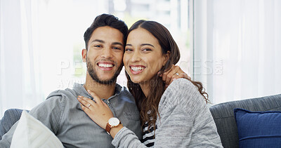 Buy stock photo Hug, love and portrait of couple on sofa of home for bonding, support and care. Happiness, commitment and trust with man and woman in living room of apartment for peace, smile or romance relationship