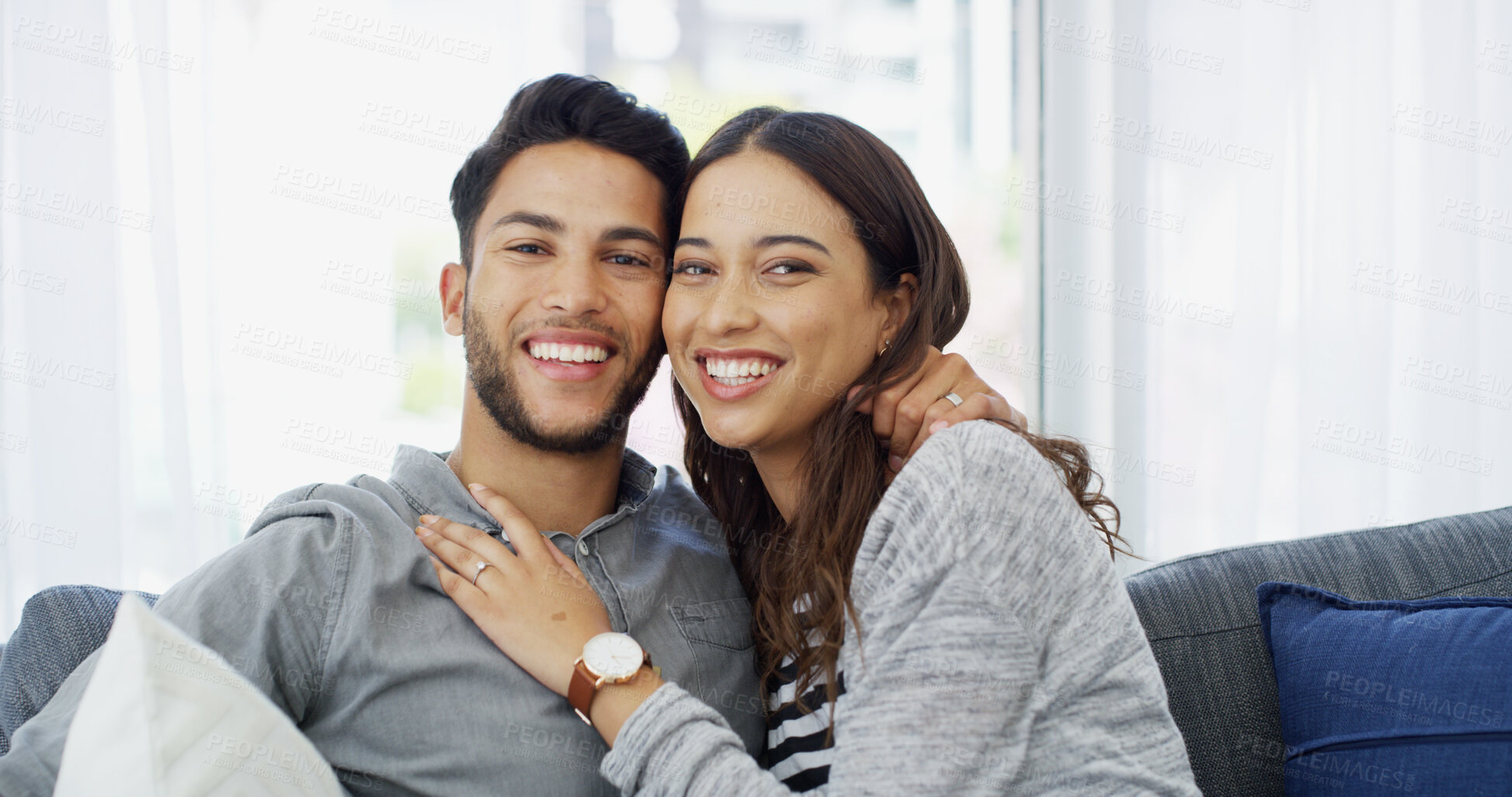 Buy stock photo Hug, love and portrait of couple on sofa of home for bonding, support and care. Happiness, commitment and trust with man and woman in living room of apartment for peace, smile or romance relationship