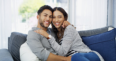 Buy stock photo Relax, hug and portrait of couple on sofa of home for bonding, support and cuddle. Happiness, commitment and trust with man and woman in living room of apartment peace, smile and relationship romance